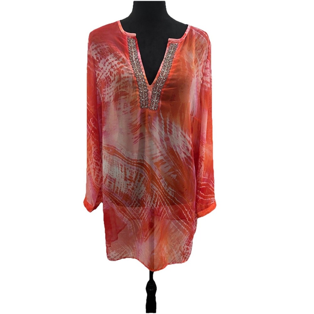 Chicos size 2 Womens L tunic top pink tie dye chiffon v-neck Beaded